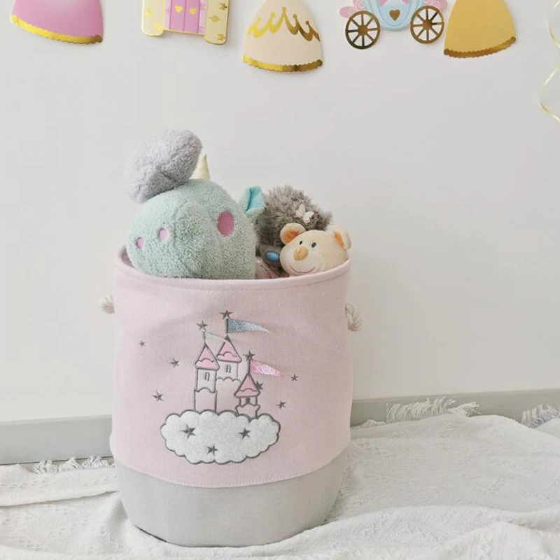 Large Pink Laundry Basket Kids Toys Storage Basket with Handles Fabric Foldable Cute Cartoon Castle Nursery Hamper Gift Basket