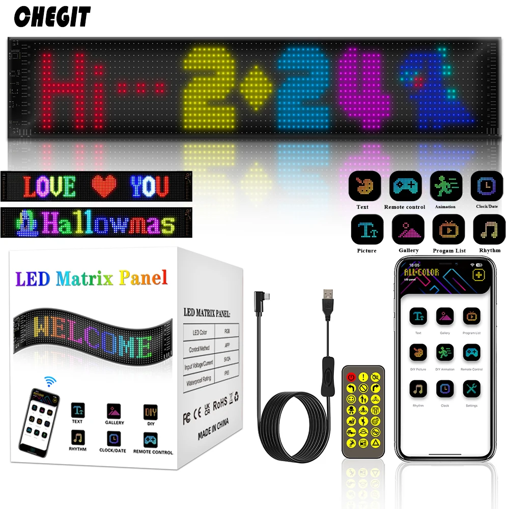 5V USB Power Smart Bluetooth LED Matrix Pixel Przewijany panel wyświetlacza Znak świetlny DIY Programowalny wzór tekstu Animacja ﻿