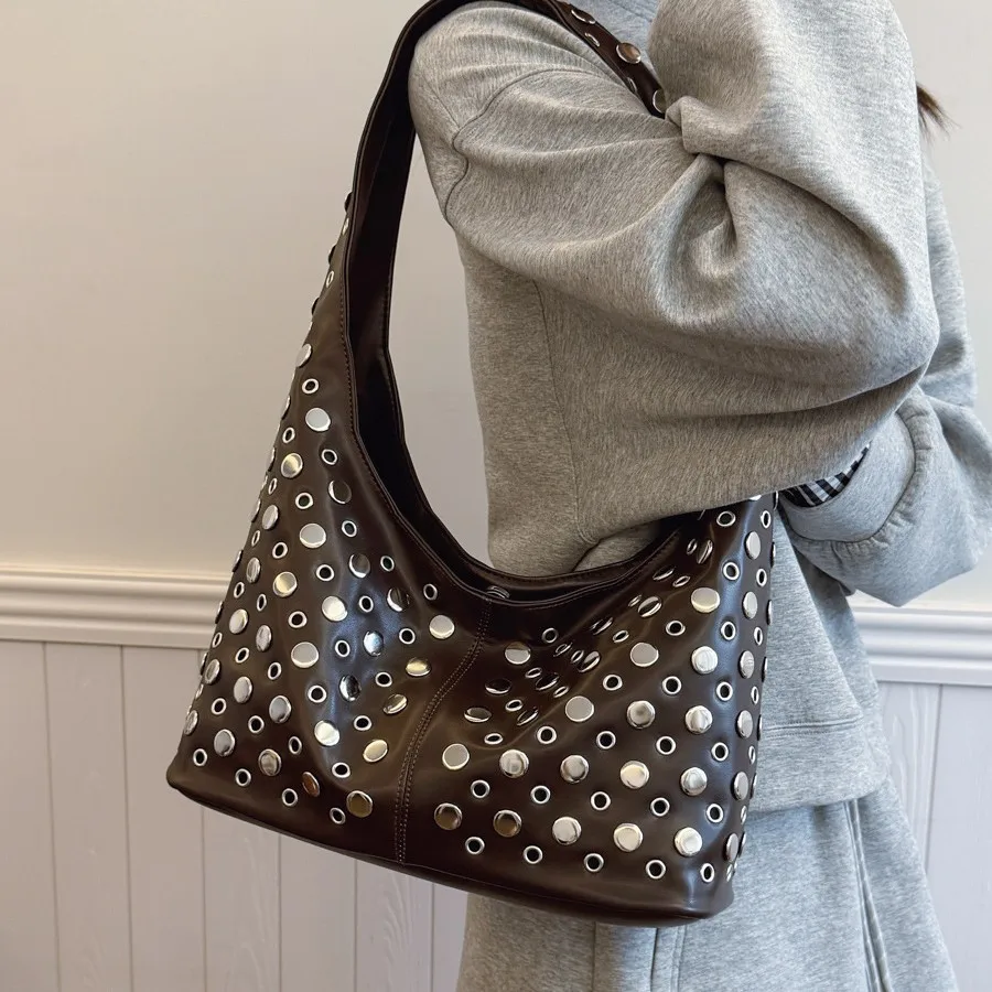 

2025 Polka Dot Studded Tote Bag, Edgy Bucket Purse for Women, Urban Underarm Crossbody, Minimalist Day to Night Bag