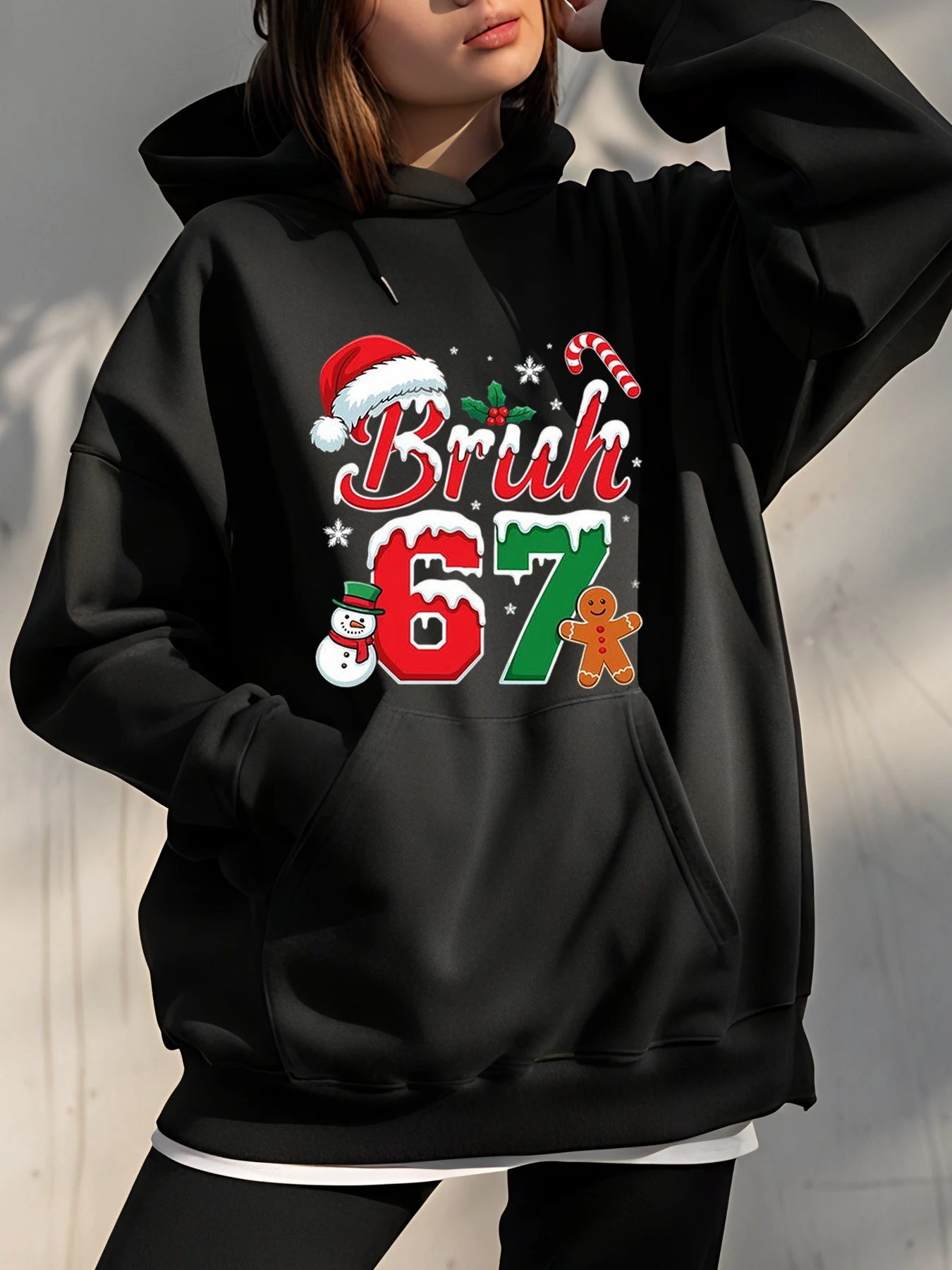 Christmas Hoodie with Bruh 67 Print and Holiday Details for Festive Wear