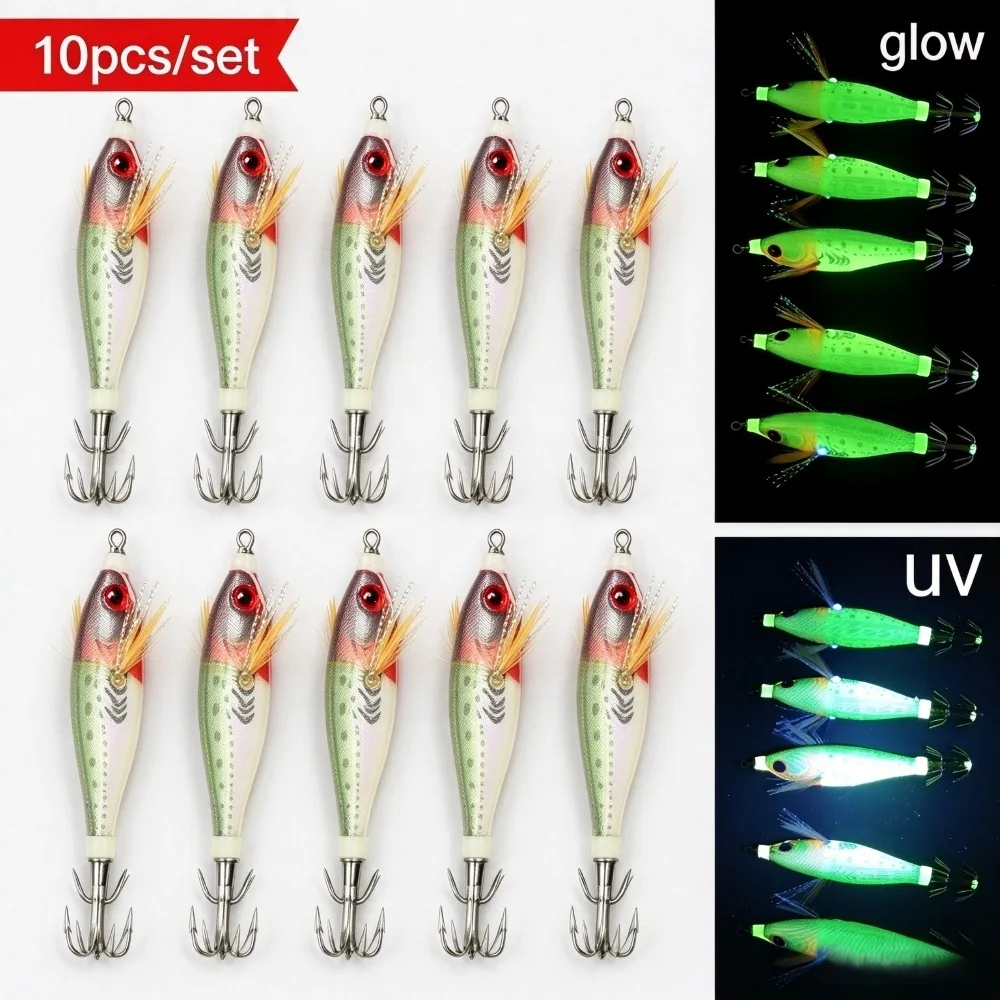 Conjunto de 10 peças de iscas artificiais UV horizontais para pesca de lulas, com acessórios, iscas luminosas fluorescentes para pesca marítima, camarão de madeira e acessórios para pesca de sardinha.