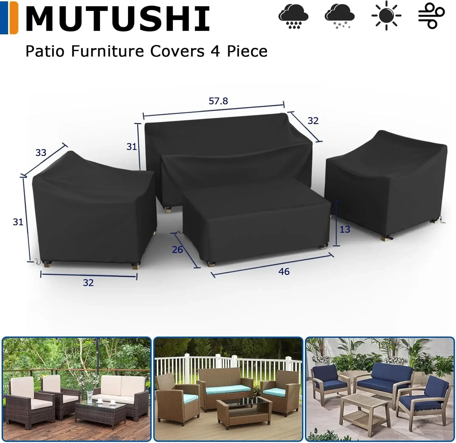 Patio Furniture Cover Set 4 Piece Outdoor Furniture Cover Waterproof, 500D Heavy Duty Lawn Outdoor Patio Furniture