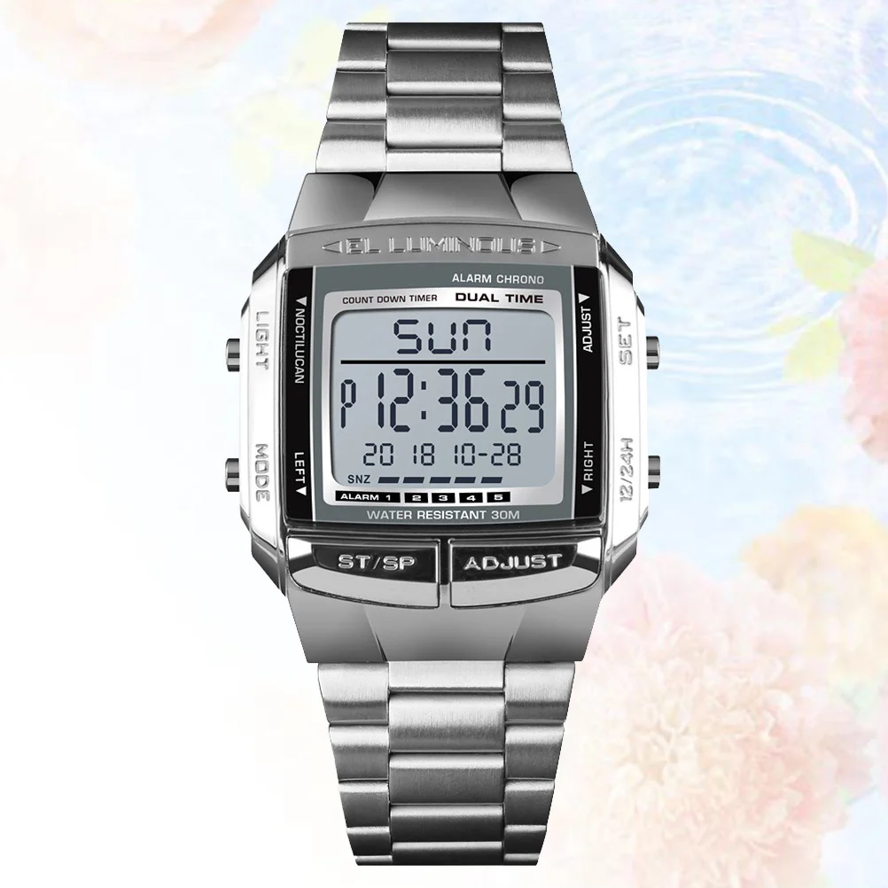 

Men'S Multifunction Business Sports Stainless Steel Band Digital Silver Alarm Countdown Stopwatch 30M Waterproof Night Light