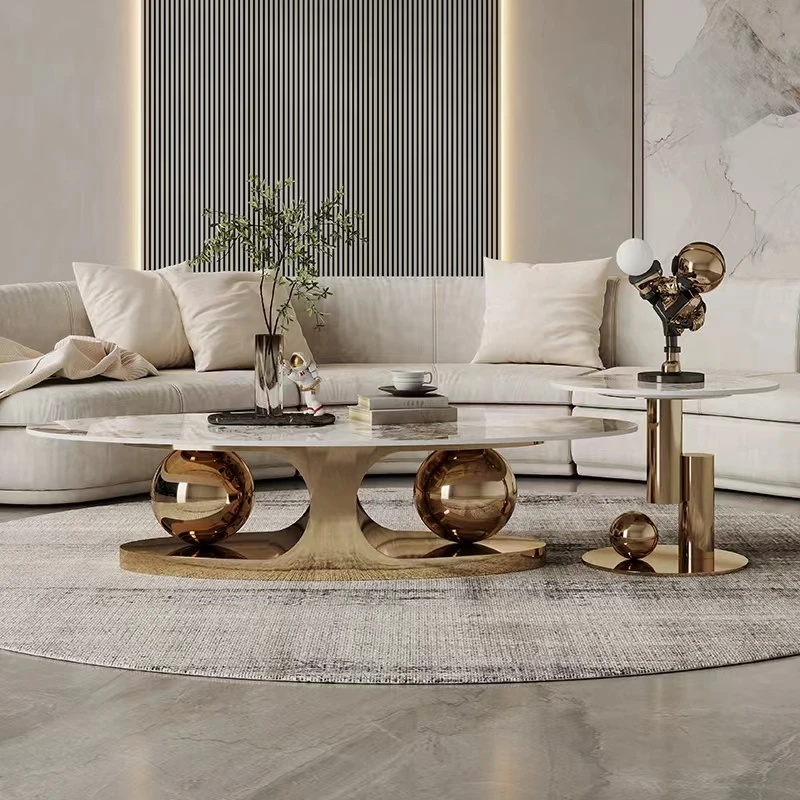 High Quality Luxury Coffee Table Modern Living Room Furniture Style Marble Top Metal   