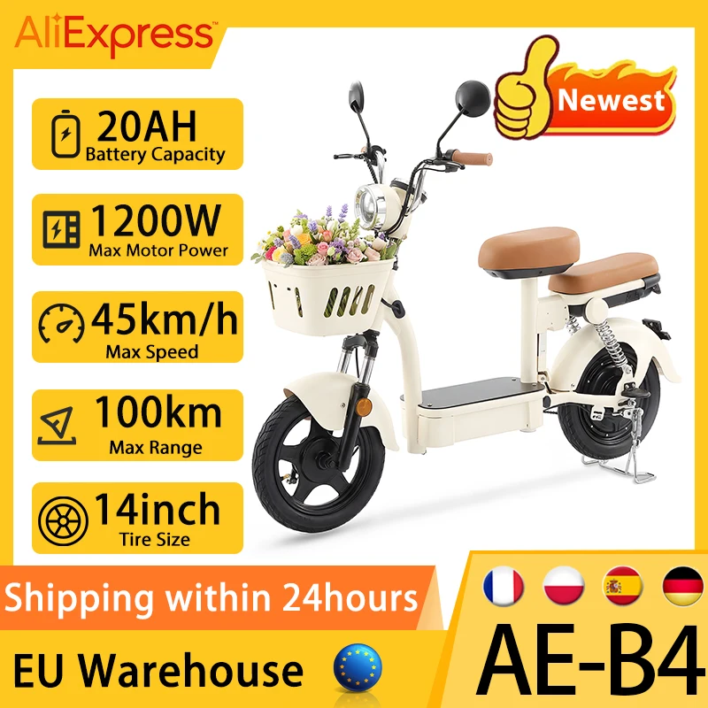 Trottinette électrique AE-B4 City Grocery, 14 pouces, 1200W, 48V20Ah, autonomie 90-100 km, siège avec paniers, coussin avant/arrière.