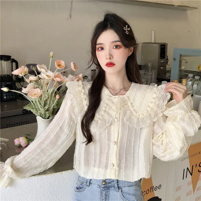 

Shirts Women Cropped Design Tops Female Elegant Lovely Peter Pan Collar Kawaii Simple Clothes Mujer Autumn French Style Sweet