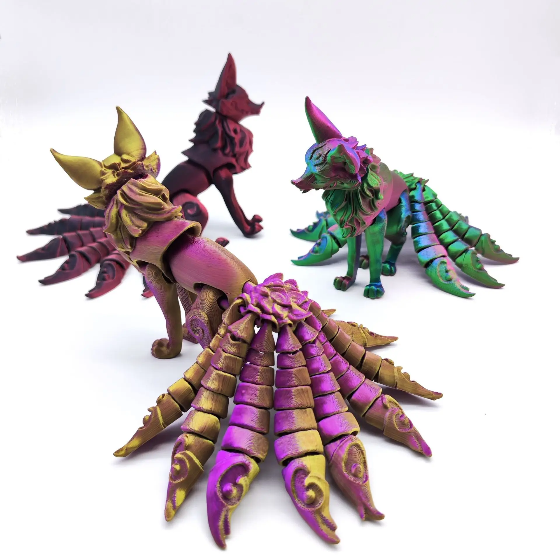 21 CENTIMETRI 3D Stampato Volpe Ornamento Nove Code Volpe Figurine Con Coda Articolate E Arti Figura Animale Flessibile Creativo Agitarsi Giocattolo