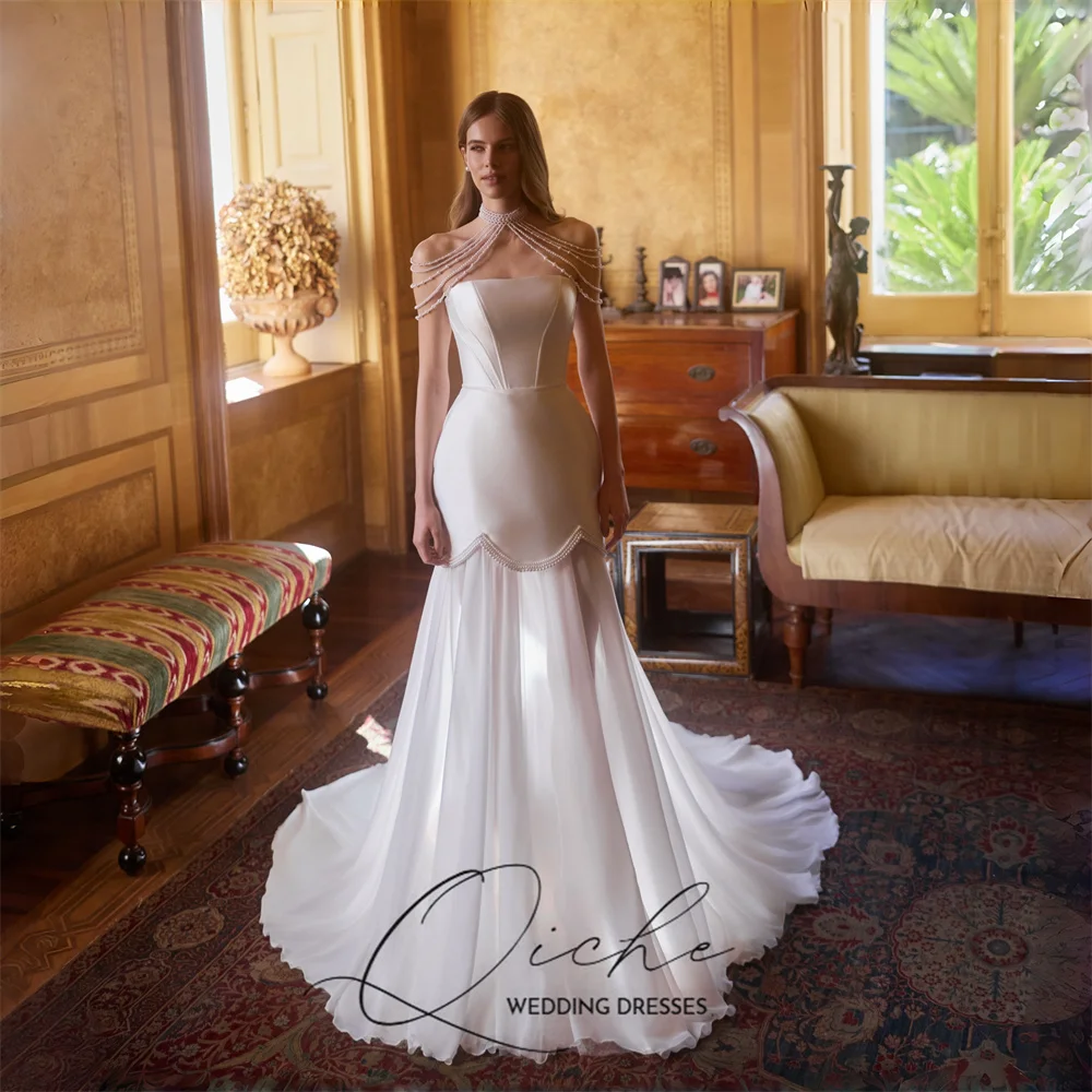 QICHE Modern Beading Mermaid Wedding Dresses Women Strapless Open Back Sleeveless Satin Bridal Gown Customized Vestido De Novia