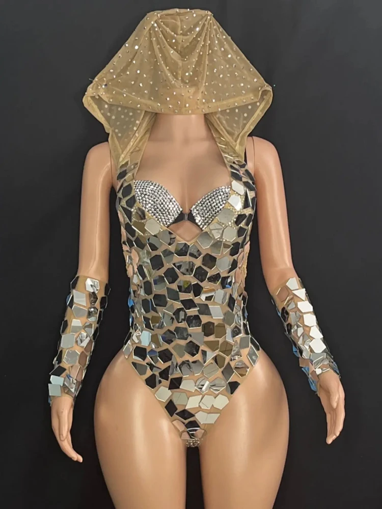 

Silver Women Mirror Short Jumpsuit Nightclub Bar Sexy Costumes Stage Performance DJ Party Super Sparkling Sexy Gogo Female