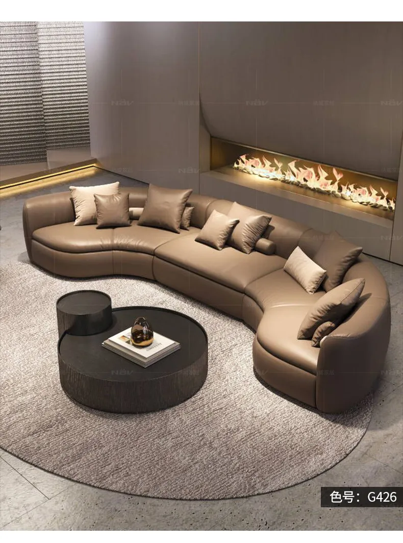 Curved leather sofa, semi-circular living room Italian light luxury minimalist modern simple high-end atmosphere