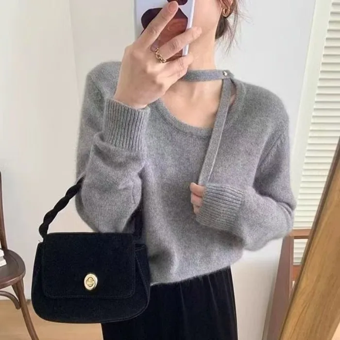 Gray Knitted Sweater Women's Spring Autumn Neck Hanging Sash Fashion Inner Wear Base Layer Trendy Top Loose Fit Long Sleeve r...