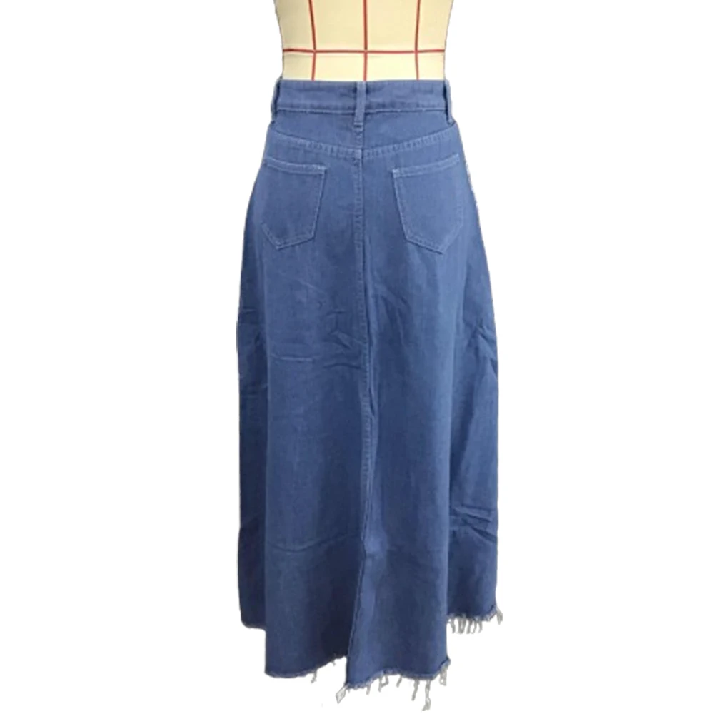 Denim Women\'s Skirt Patchwork Holes Vintage Casual High Waist Long Skirt A-Line Retro Streetwear Ripped Raw Trim Maxi Skirts