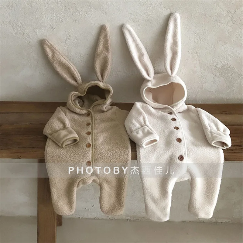 Baby Clothes Solid Color Fashion Comfortable Rompers 2024 Winter New Korean Cute Lamb Wool Hooded Baby Boys Girls Jumpsuit