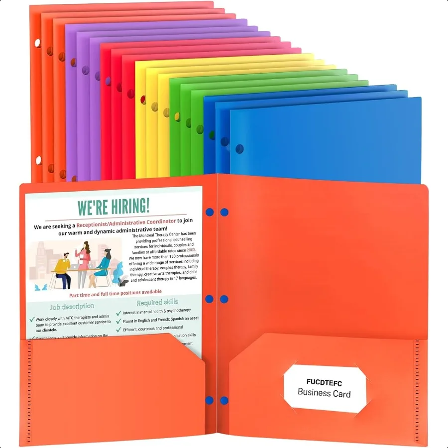 

18 Pack Folders with Pockets Plastic 3 Hole Punched Binder Folders with Busin Card Holder Colored Decorative File Folders for D