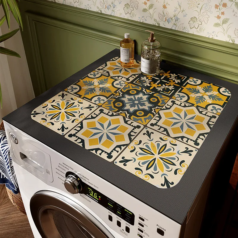 VIKAMA Retro Yellow Moroccan Tile Washing Machine Cover Mat Floral Grid Print Waterproof Anti Dust Laundry Dryer Pad Dust Cover
