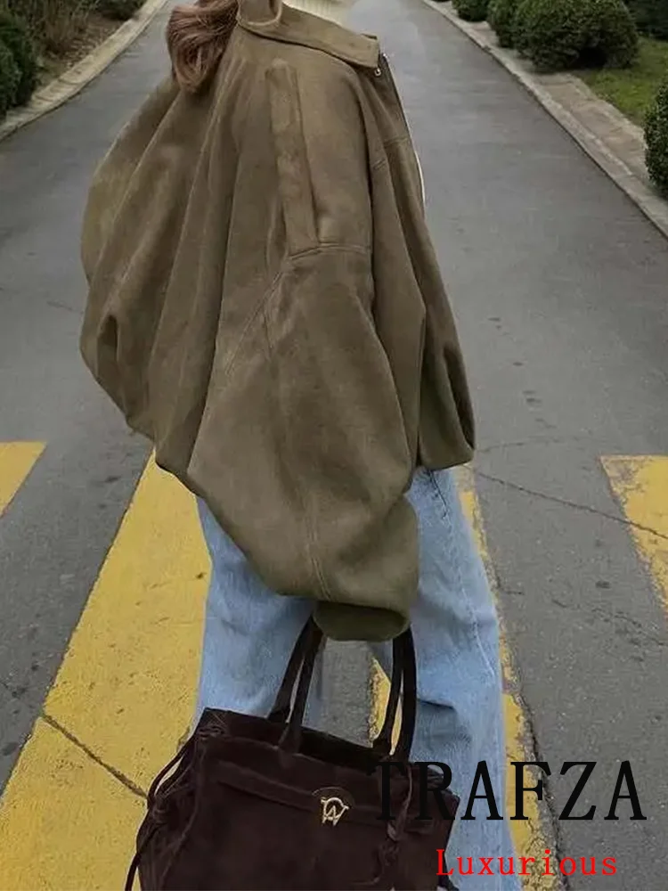 TRAFZA, chaqueta informal elegante lisa para mujer, abrigos cortos sueltos de manga larga con cuello vuelto y cremallera, chaquetas de primavera y verano a la moda 2025