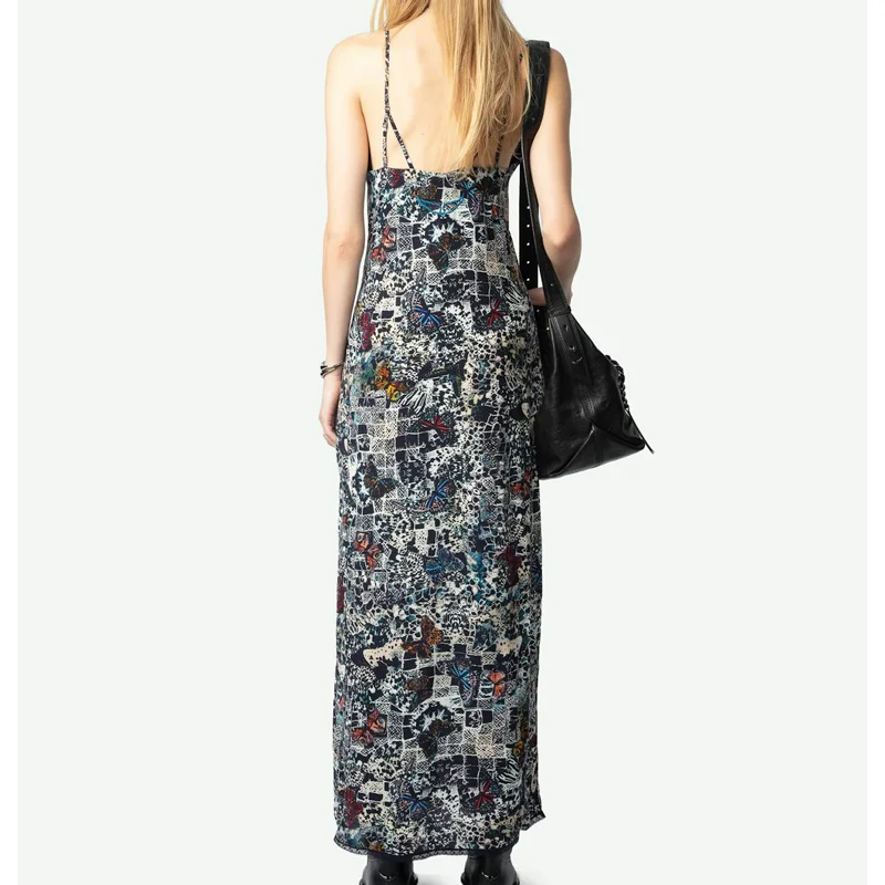 Ladies Halter Dress Casual Floral Printed Dresses Women Back Wing Robes Female Lace Backless Robe Fashion New V Neck Long Jupes