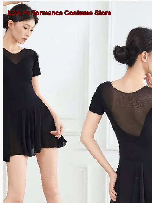 Women's Adult Black Short Skirt Professional One-Piece Body Suit Practice Leotard Art Exam Gymnastics