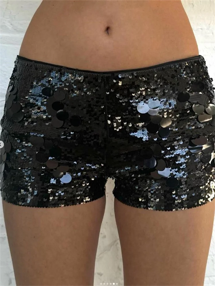 

CHRONSTYLE Women Shiny Sequined Shorts Sparkly Bottoms High Waist Summer Glitter Short Pants for Beach Nightclub Streetwear 2024