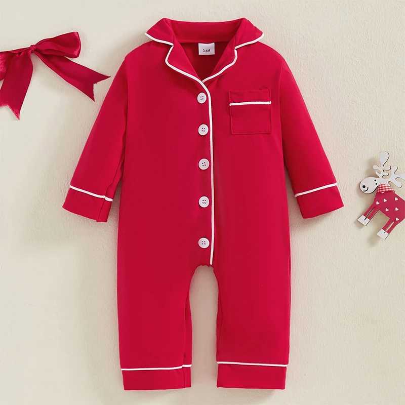 Baby Girl Boy Pajamas Romper Button-Up 1-Piece Pajamas Footie Red Christmas Pjs Newborn Hospital Clothes