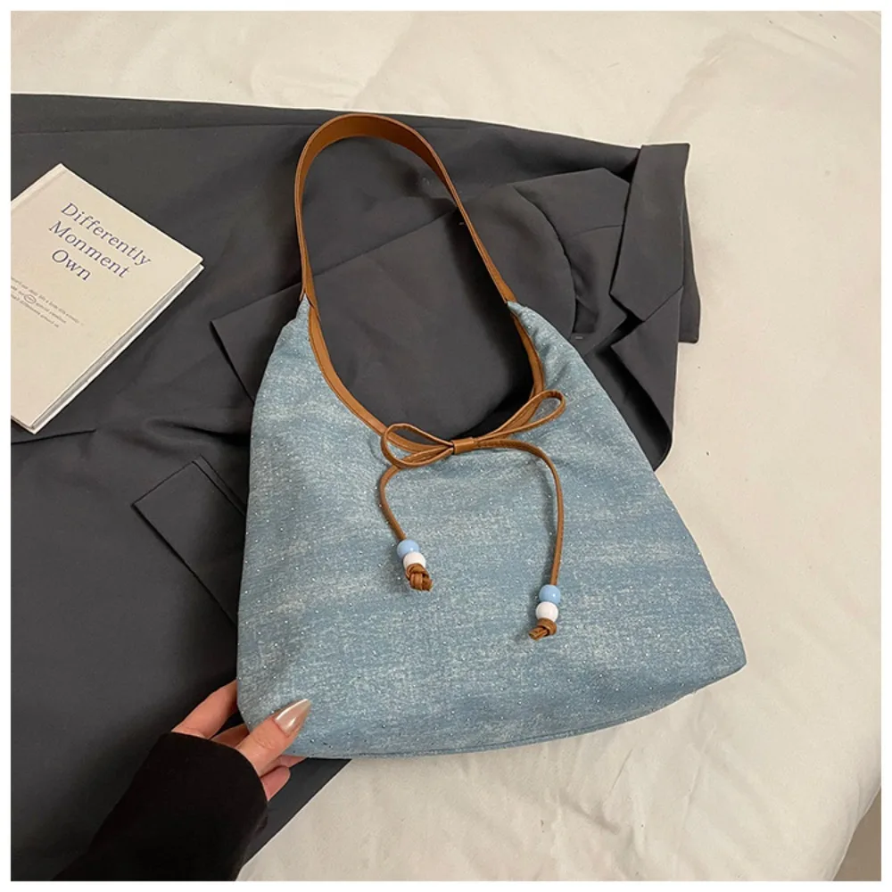 

Trendy Versatile Denim Axillary Bag Cloth Casual Bow Shoulder Bags Commuting High Capacity Canvas Tote Bag Female