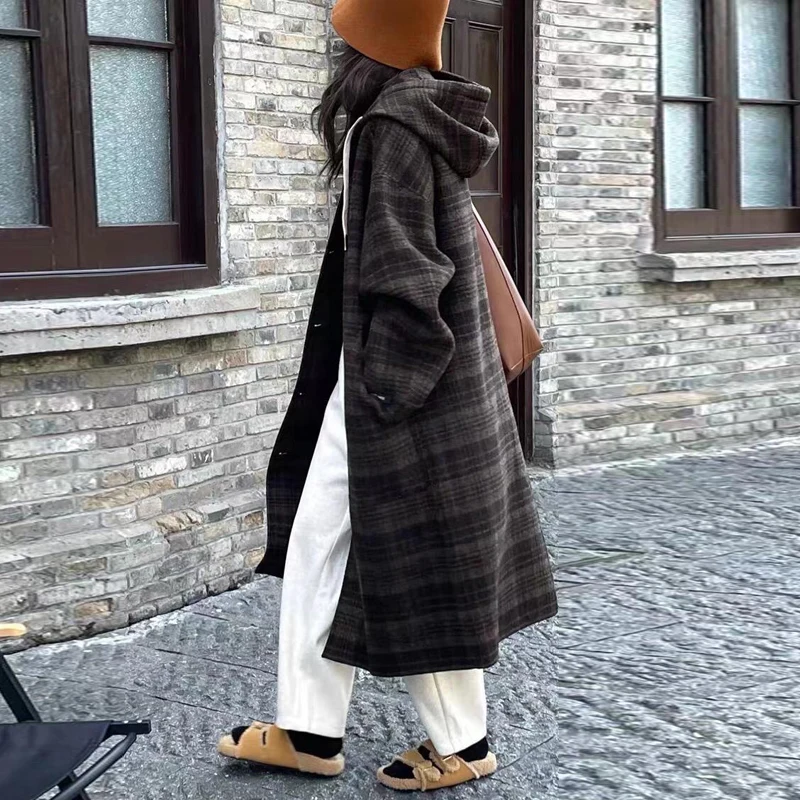 

Fall/Winter 2025 New Double-sided Wool Coat Women's Mid-length Korean Plaid Loose Hooded Wool Coats