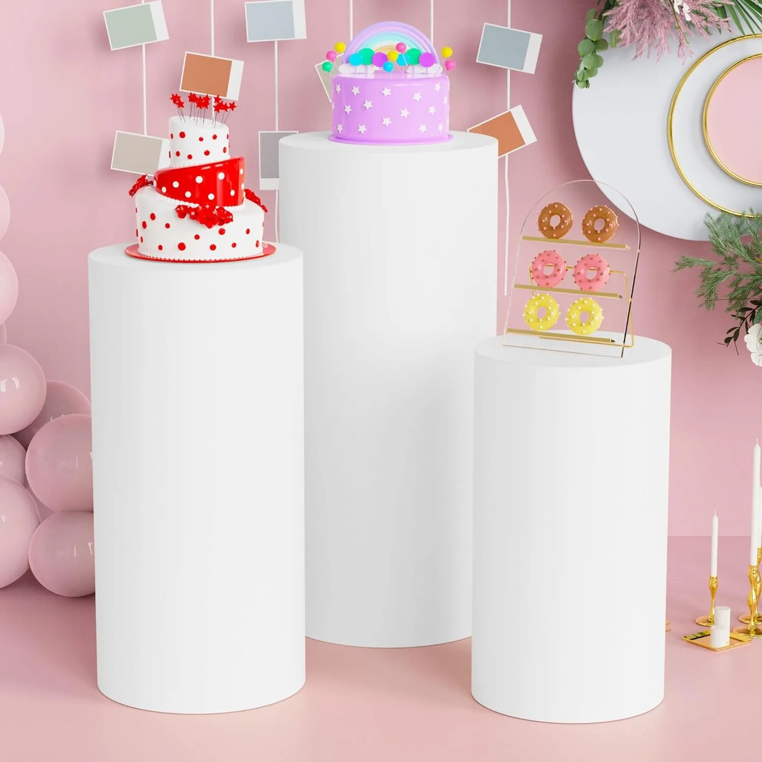 5PCS&3PCS Spandex Cylinder Pedestal Covers,White Pink Beige Color,Wedding props,Elastic Spandex Fabric Dessert Stands Cover