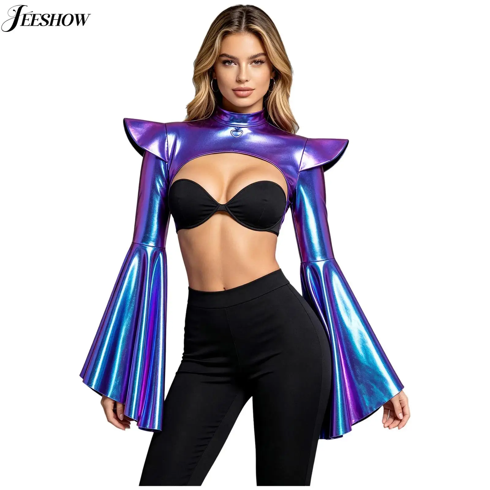 Damen Gothic Steampunk Bolero-Top Mittelalterliches Renaissance-Kostüm Glänzendes Metallisches Oberteil mit Stehkragen und Geteilten Ausgestellten Ärmeln