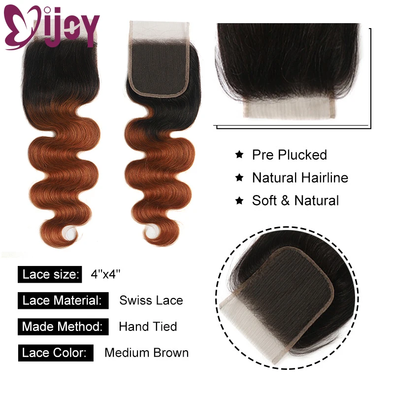 Body Wave Human Hair Bundles With Closure Brazilian Remy Hair Bundles With Closure Ombre Brown Hair Bundles With Closure IJOY