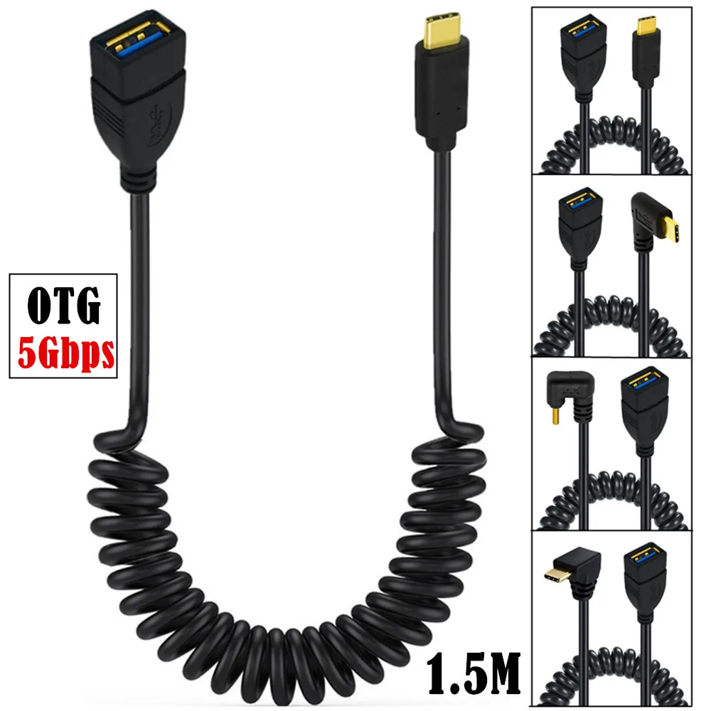 Gold Plated Telescopic Spring USB A-C OTG Data Cable Type-c Interface To USB 3.0 Female Tablet Connection