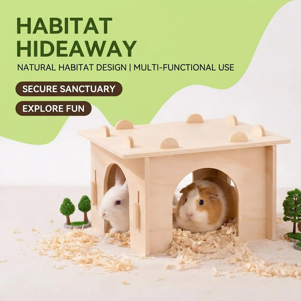 Natural Wood Multi-entry Guinea Pig Hideout, Large Breathable Wooden Shelter for Small Pet Cage Habitat