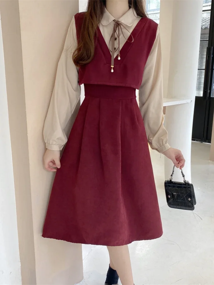 Vestidos de veludo vintage femininos preppy falsos duas peças reduzindo a idade outono moda coreana rendas roupas estéticas diariamente ins