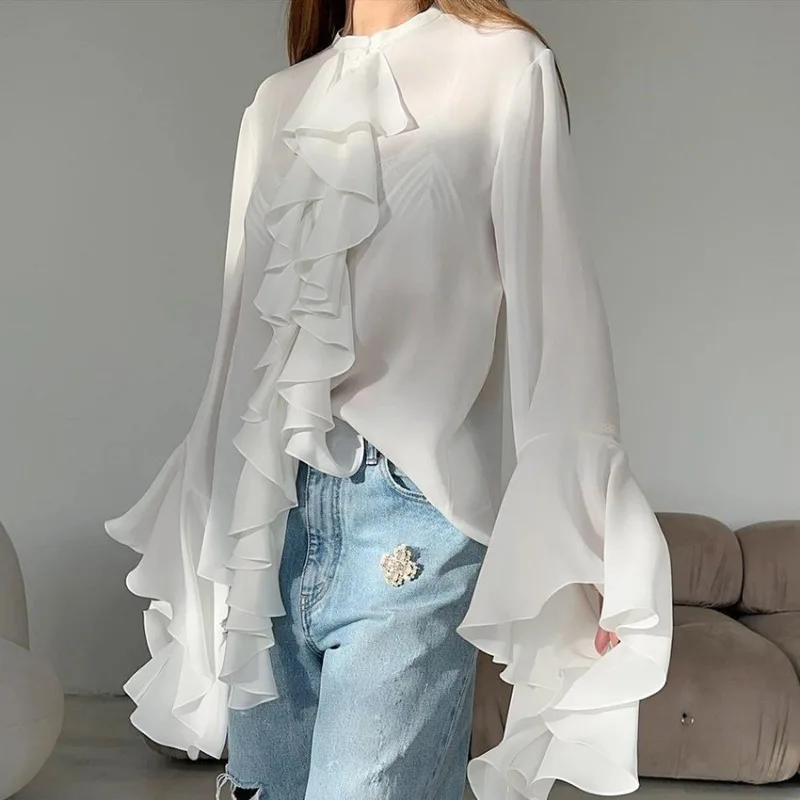 Women\'s White Fashion Loose Ruffled French Shirt Temperament Summer Women Patchwork Lace Flared Sleeves Elegant Chiffon Blouses