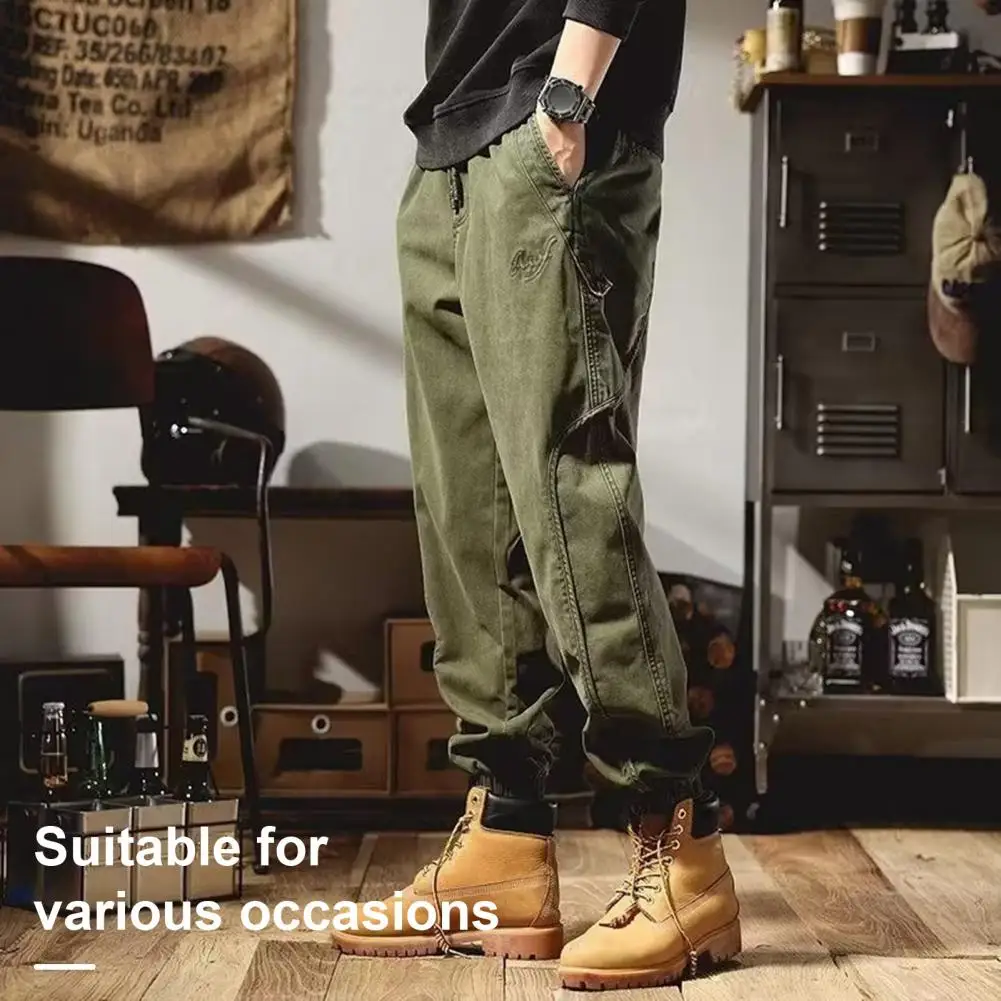 Fall Spring Men Cargo Pants Ankle-banded Loose Wear-resistant Drawstring Elastic Waist Pockets Outdoor Work Trousers