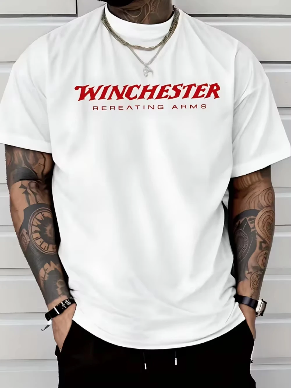 Stylish and Casual Short-Sleeve T-Shirt for Men Featuring Continuous Winchester Gun Design