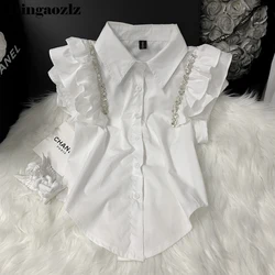 Summer Women Ruffles Flying Sleeve Short White Shirt New Korean OL Blouse Single-breasted Diamond Sleeveless Vest Top