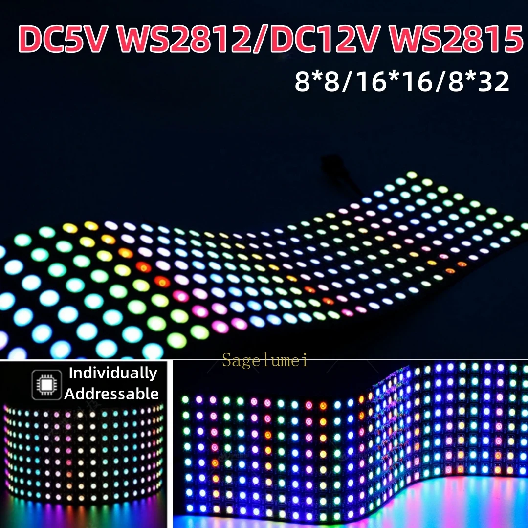 DC5V/12V WS2815 Dual Signal Digital Flexible Individually Addressable Panel Light Strip 2812 8x8 16x16 8x32 Module Matrix Screen