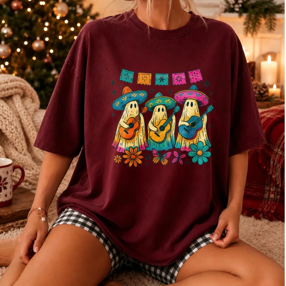 Mexican Mariachi Ghost Halloween Graphic T‑Shirt Cute Ghosts Sombrero Guitar Fiesta Banner Floral Dia De Los Muertos Casual Tees