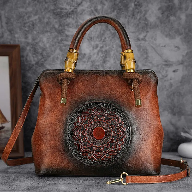 Johnature Retro Luxury Handbags Women Bags Designer 2024 New Handmade Embossed Shoulder Bags Casual Ladies Leather Bag