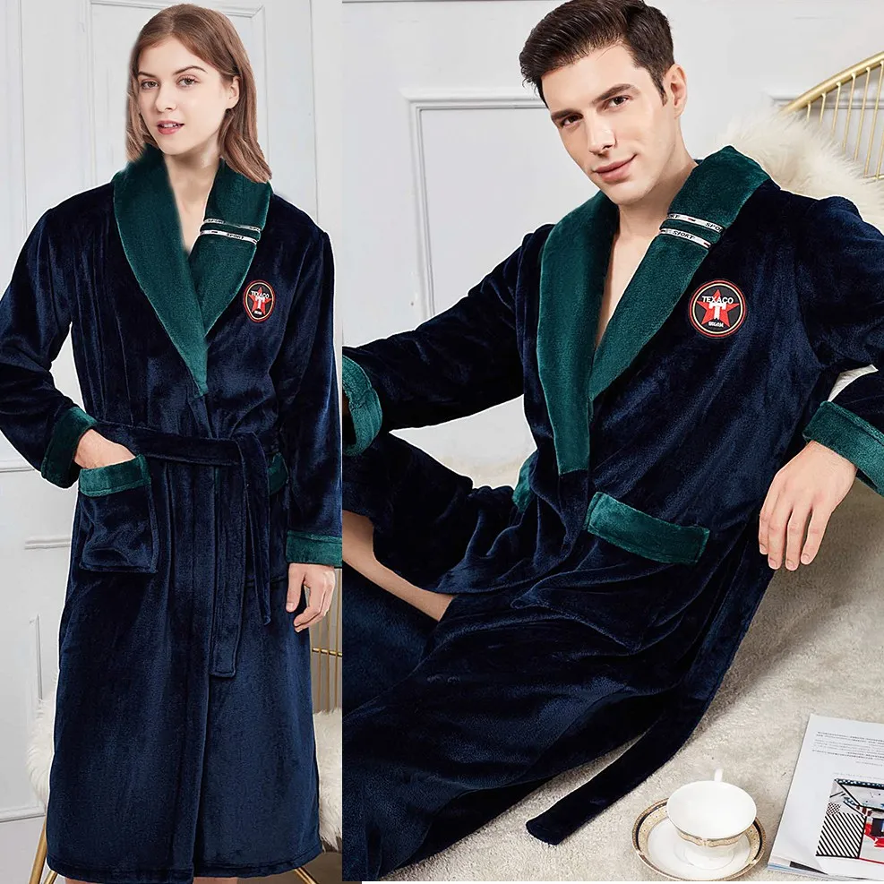 Winter Warm Lovers Kimono Bathrobe Sleepwear Lady Men Lengthen And Thicken Robe Flannel Casual Nightdress Homewear PLUS SIZE 3XL