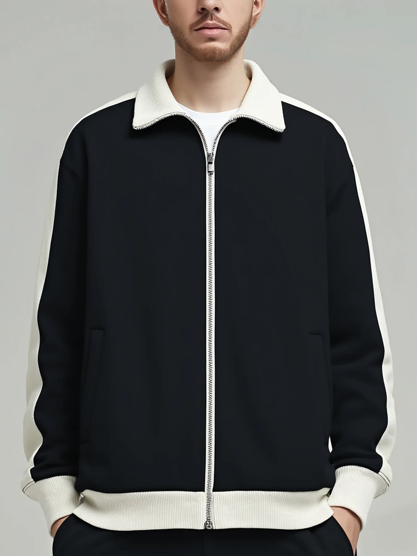 

380 Grams Retro Trendy Cotton Contrasting Color Shoulder Stand-up Collar Contrasting Color Jacket Casual Couple Sports Sweater