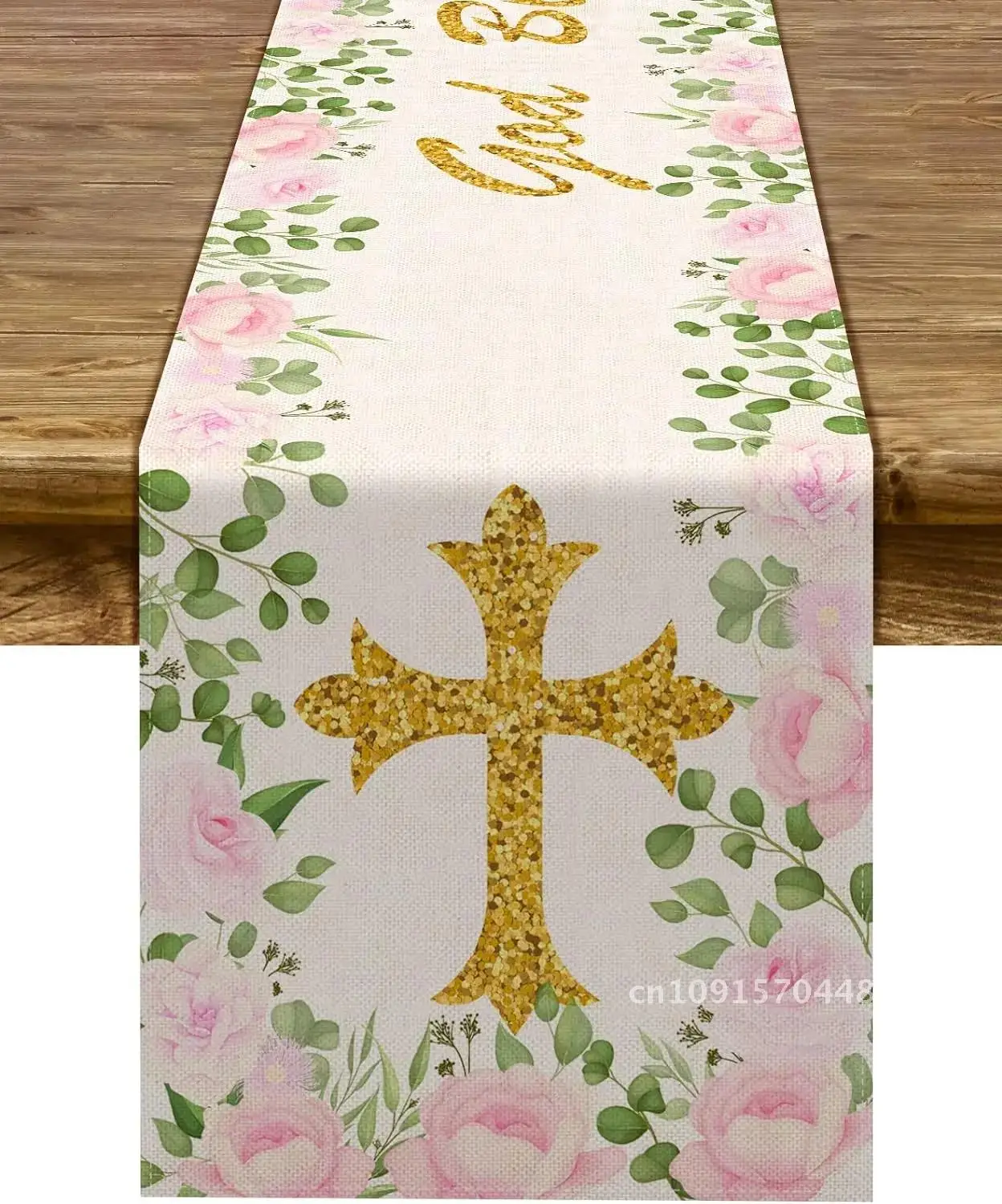 Pink Rose Girl Baptism Decoration Table Flag God Bless First Holy Communion Baptism Baby Baptism Party Kitchen Dining Home Decor