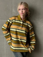 Wolfeel  Women's Vintage Inspired Retro Striped Polo Collar Oversized Drop Shoulder Long Sleeve  T-Shirt Trendy  Casual Top - Image 4