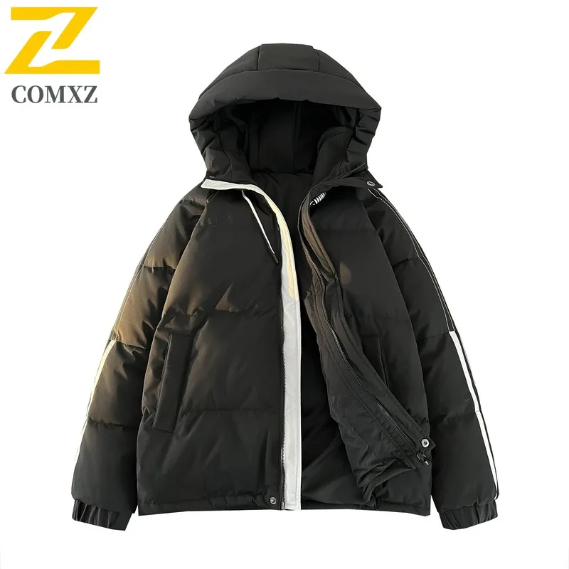 COMXZ ​Men Solid Color Hooded Cotton Jacket American Style  Winter Loose Fit Casual Warm Coat Windproof Thickened Outdoor Parka​