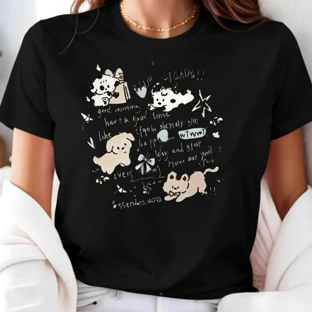 Cute Cartoon Dog Print Women's T-Shirt Casual Outdoor Lightweight Soft Comfortable Daily Print Round Neck Short Sleeve Women Tee