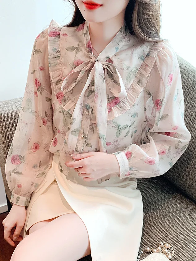 Sweet Floral Bubble Sleeve Shirt with Female Design Sense Niche New Style French Chic and Beautiful Small Shirt