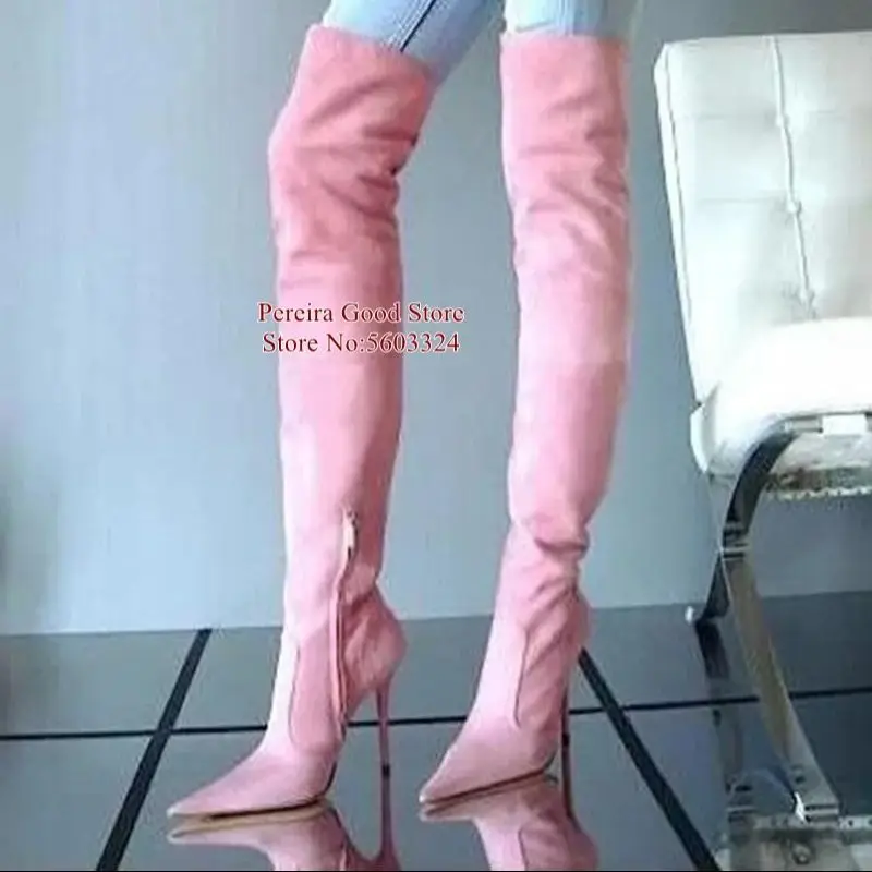 

Pink Denim Tight High Boots Pointy Toe Fashion Jeans Over The Knee Boots Stiletto Heels Dress Shoes Big Size 10