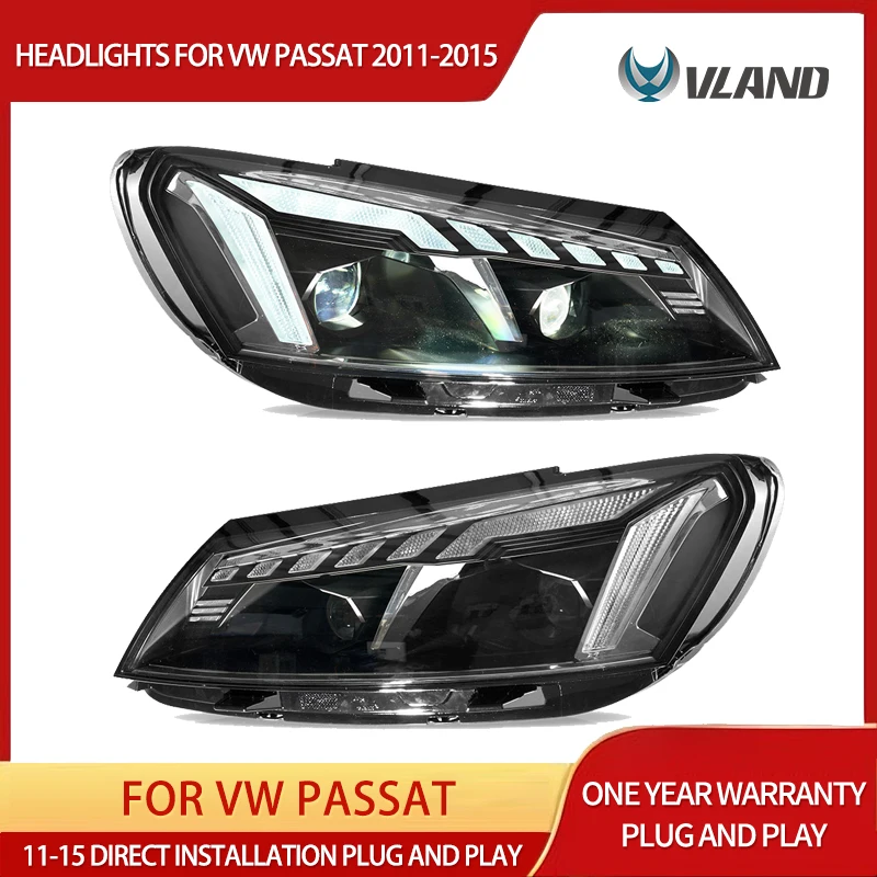 VLAND LED Projector Headlights For Passat 2011-2015 w/Start-up Animation DRL Upgrade Headlamps