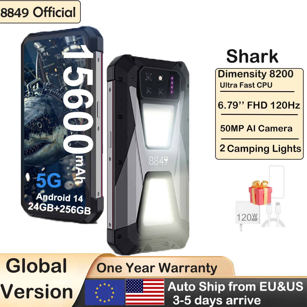 8849 SHARK, Rugged Smartphone 5G, 24GB RAM(12GB+12GB), 256GB ROM, 15600mAh, 120Hz Screen, NFC, WiFi 6,50MP Camera 66W Phone