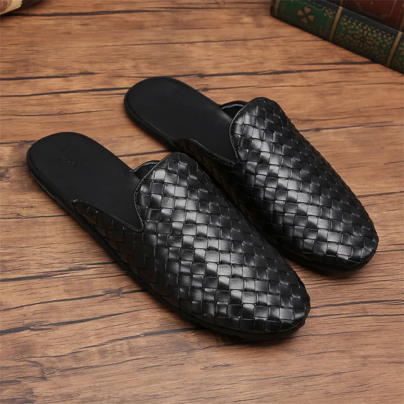 

Men's Summer Slip-On Half Slippers Handmade Woven Leather Anti-Slip Breathable Sweat Absorbent Lazy Shoes Comfortable Casual